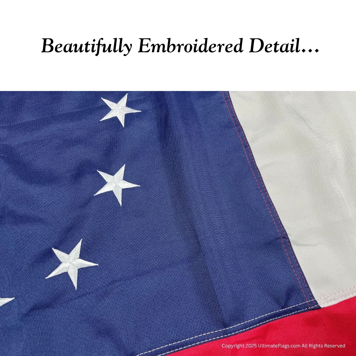 Beautifully embroidered detail of a flag showcasing high-quality craftsmanship. Ideal for those looking to buy online at affordable prices. Discover the best deals on flags at UltimateFlags.com.