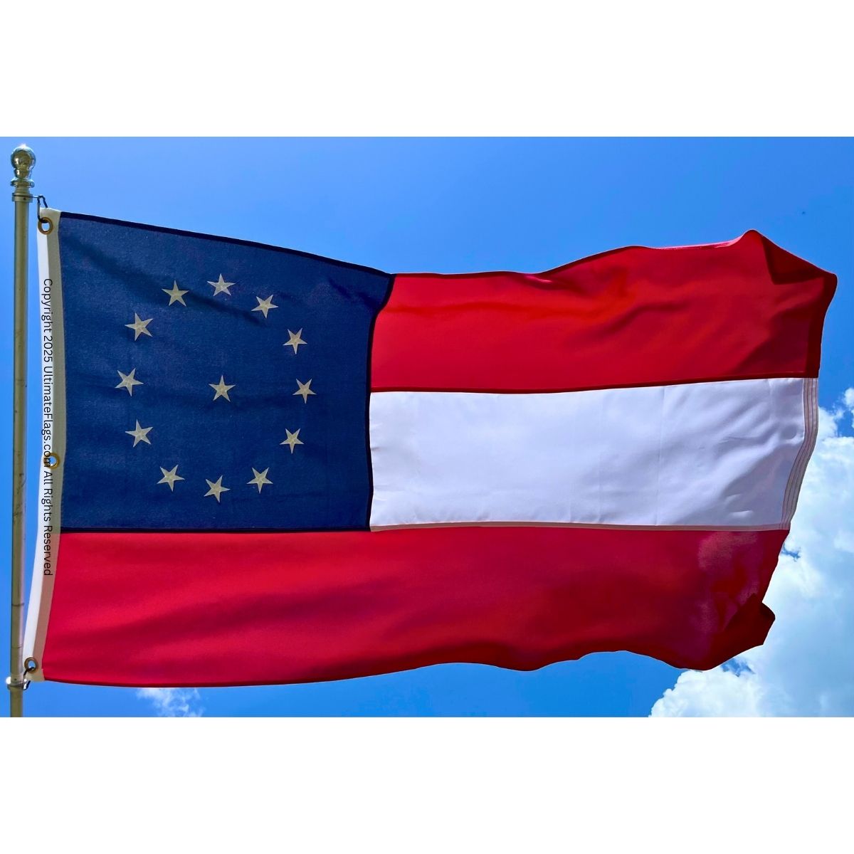 This image features a vibrant flag design showcasing a mix of blue, red, and white colors with distinctive stars and stripes, representing historical significance. Perfect for collectors or home decor, this affordable flag is available for purchase online. Buy the best quality flags at competitive prices at UltimateFlags.com.