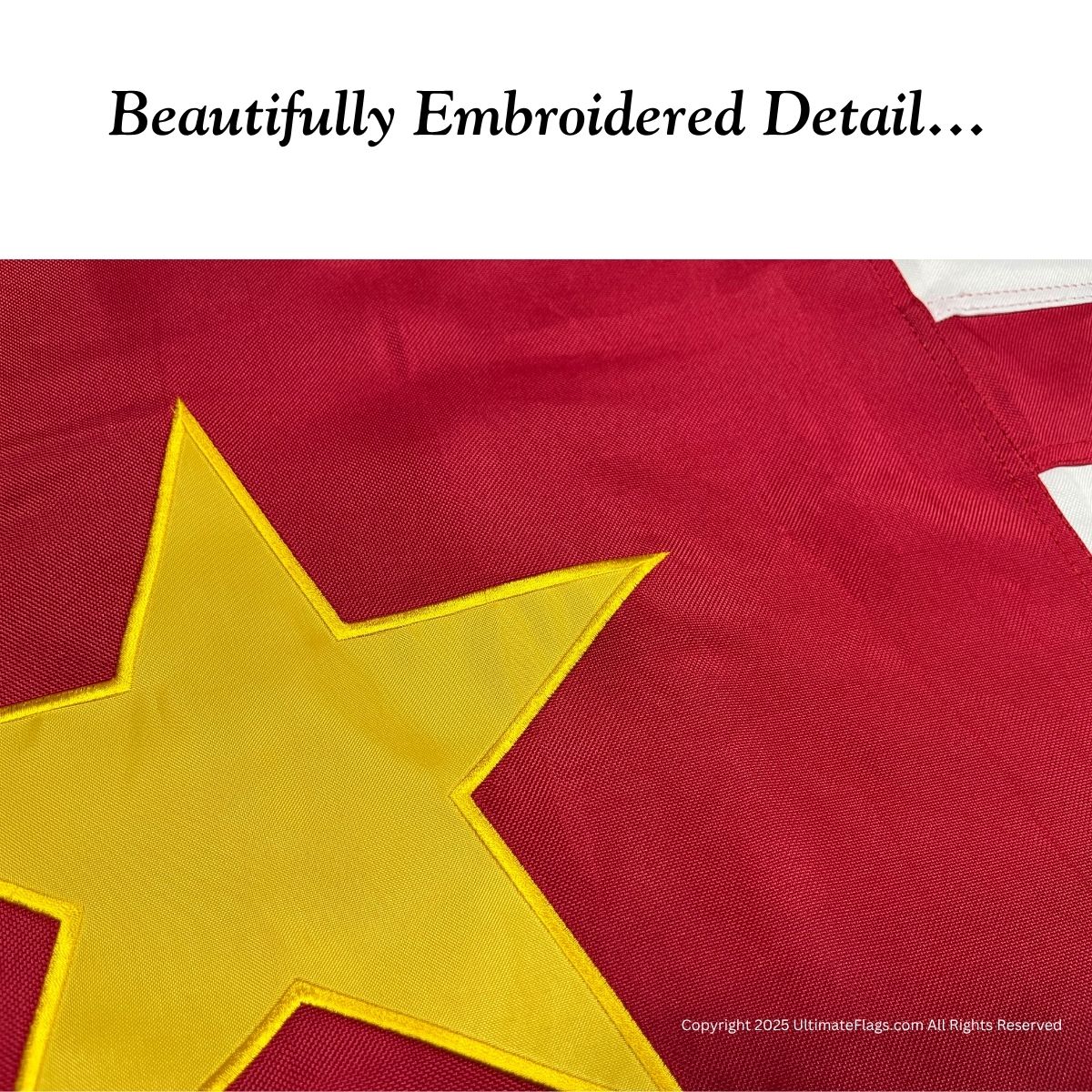 Beautifully embroidered detail of a flag featuring a vibrant yellow star on a red background, showcasing high-quality craftsmanship. Perfect for those looking to buy online at affordable prices. Discover the best deals on flags at UltimateFlags.com.