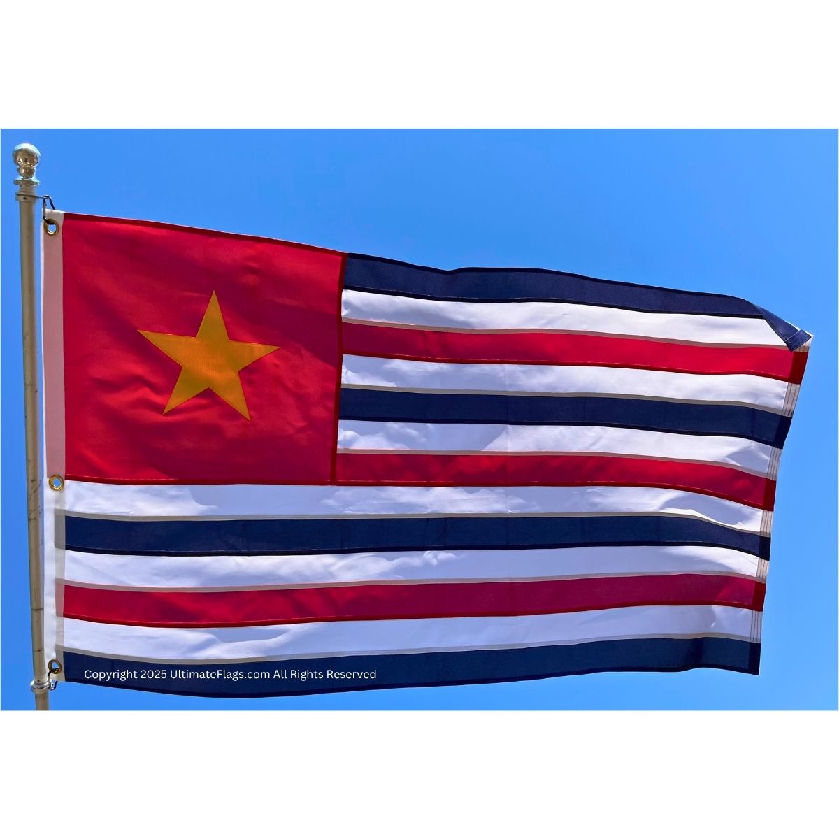 Vibrant flag featuring a red field with a yellow star and horizontal blue and white stripes, perfect for showcasing pride and identity. Buy online at affordable prices for the best quality flags at UltimateFlags.com.