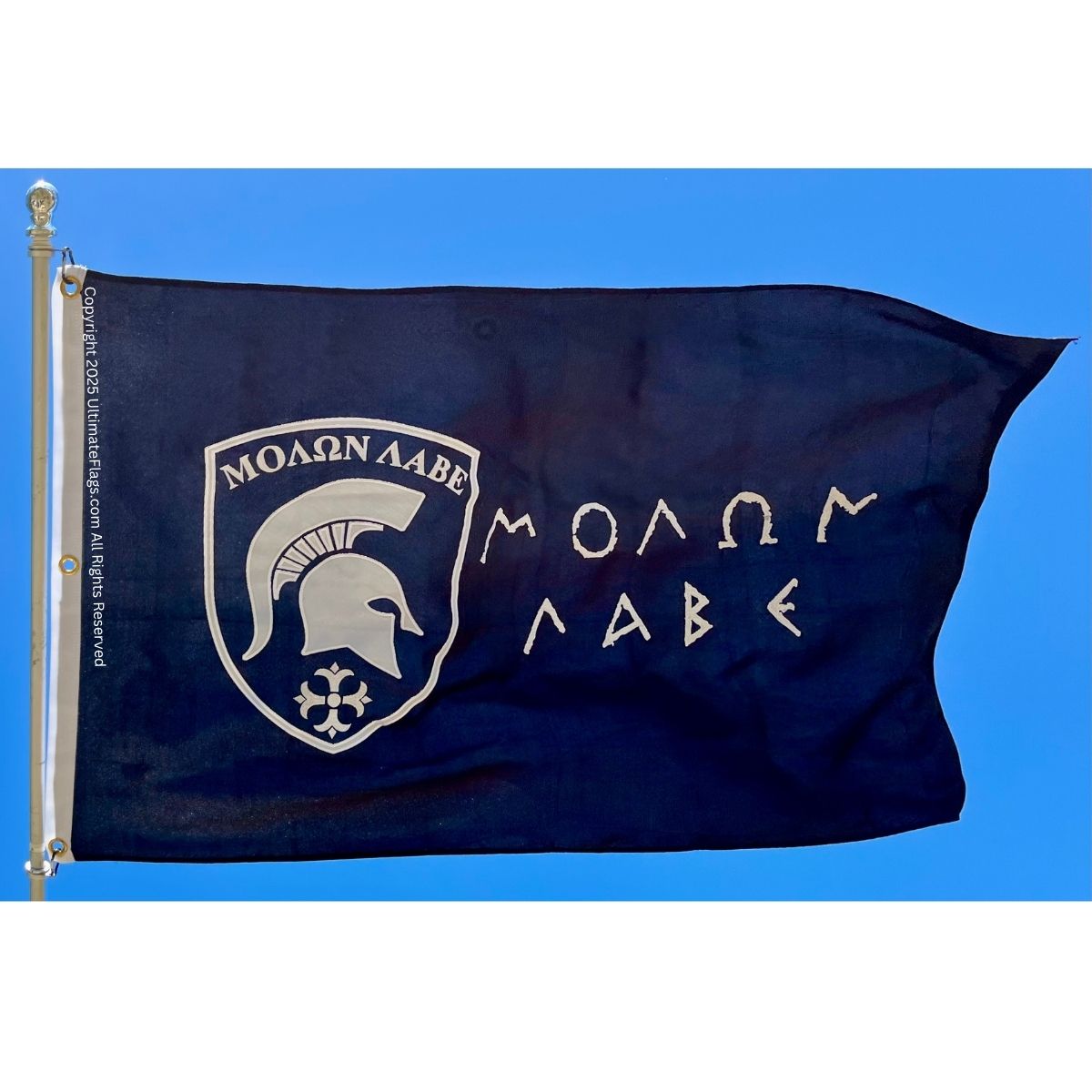 High-quality Molon Labe flag featuring a Spartan helmet design, perfect for those seeking affordable and stylish home decor. Buy online for the best deals on flags at UltimateFlags.com.