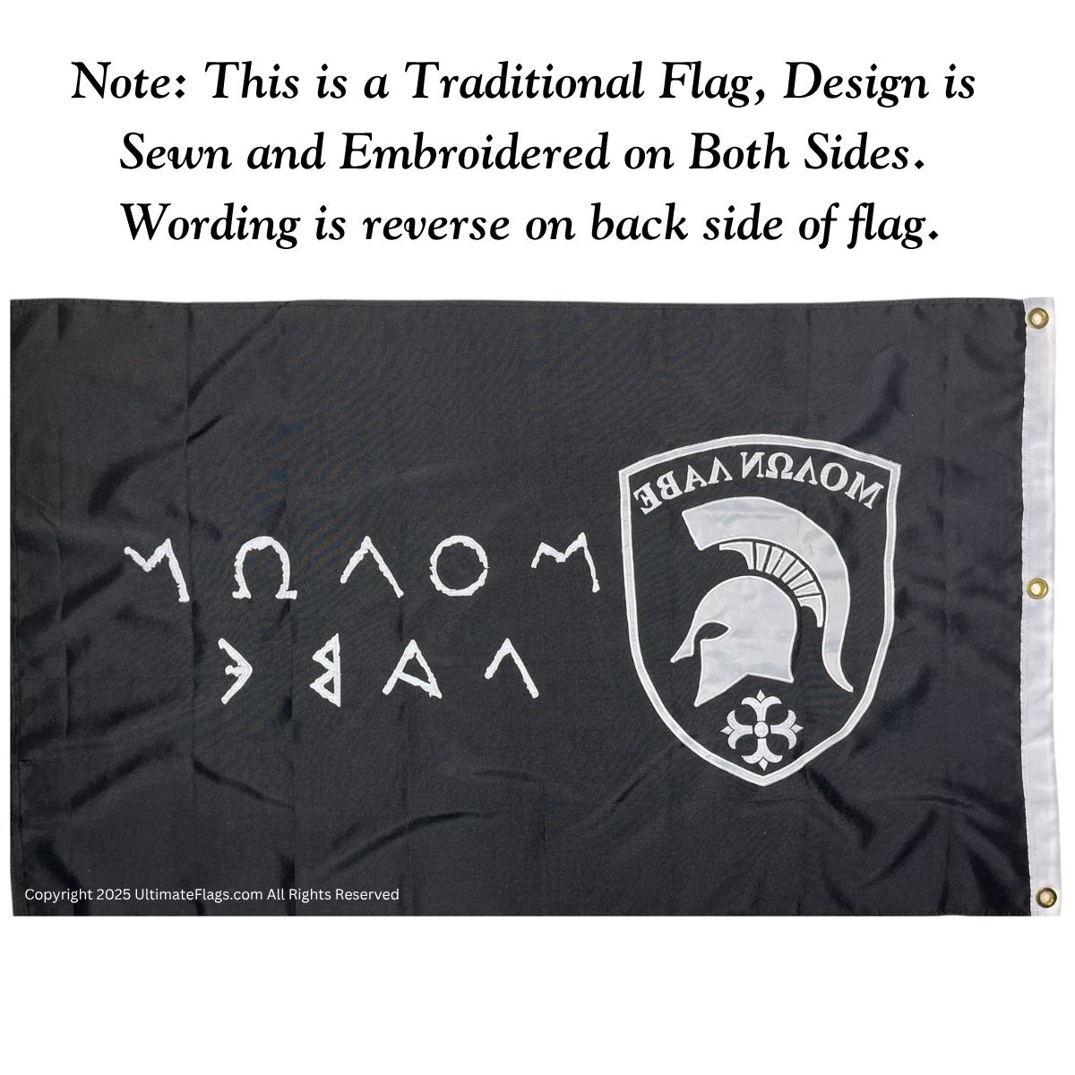 Traditional black flag featuring embroidered design on both sides, showcasing a Spartan helmet and Greek text. Perfect for those seeking a cheap and affordable option to buy online. Explore the best selection at UltimateFlags.com.