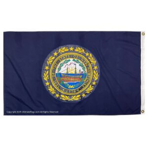 New Hampshire state flag featuring its official seal with a ship, surrounded by laurel leaves and stars. Ideal for those seeking a cheap and affordable flag option. Buy online now to get the best quality at UltimateFlags.com.