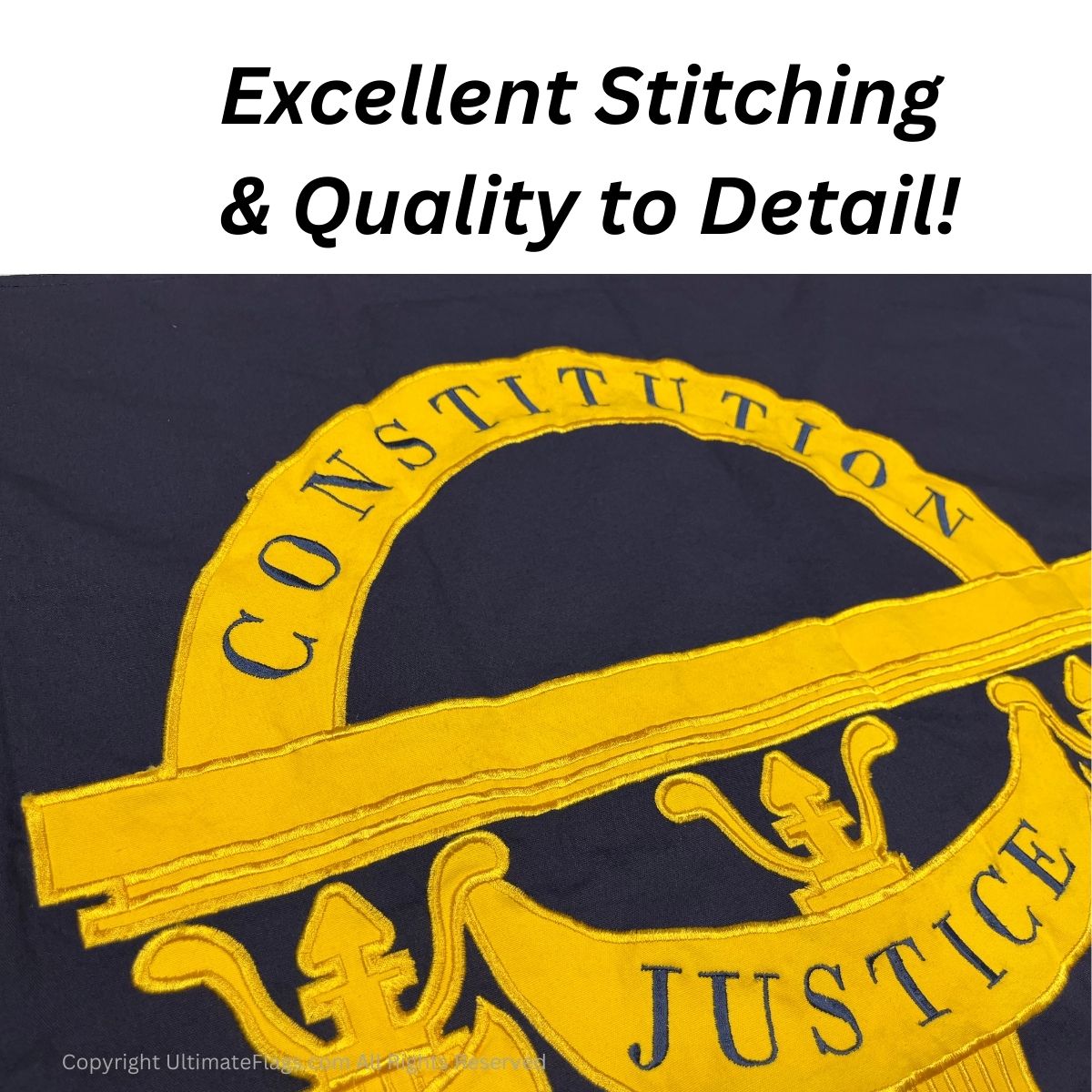 This image showcases a flag featuring excellent stitching and quality to detail, highlighting the words "Constitution" and "Justice." For those looking to buy online, this affordable option is one of the best in its category. Shop now at UltimateFlags.com for great deals on flags!