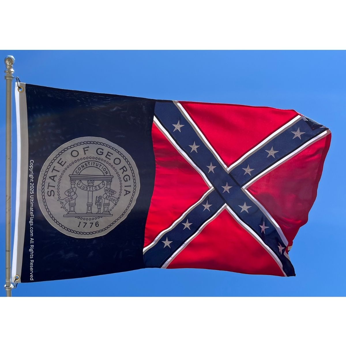 Georgia state flag featuring the Confederate emblem, ideal for collectors and history enthusiasts. Shop for cheap and affordable flags to buy online. Find the best selection at UltimateFlags.com.