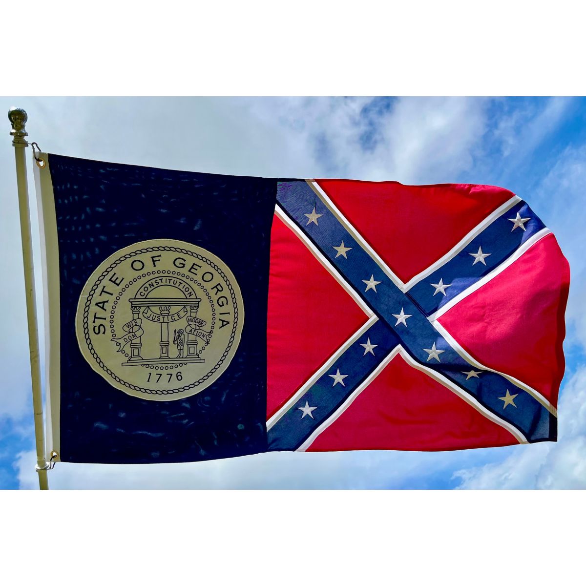 Confederate flag design featuring the state seal of Georgia, ideal for collectors and history enthusiasts. This flag is available at a cheap and affordable price, making it one of the best options to buy online. Explore more at UltimateFlags.com.