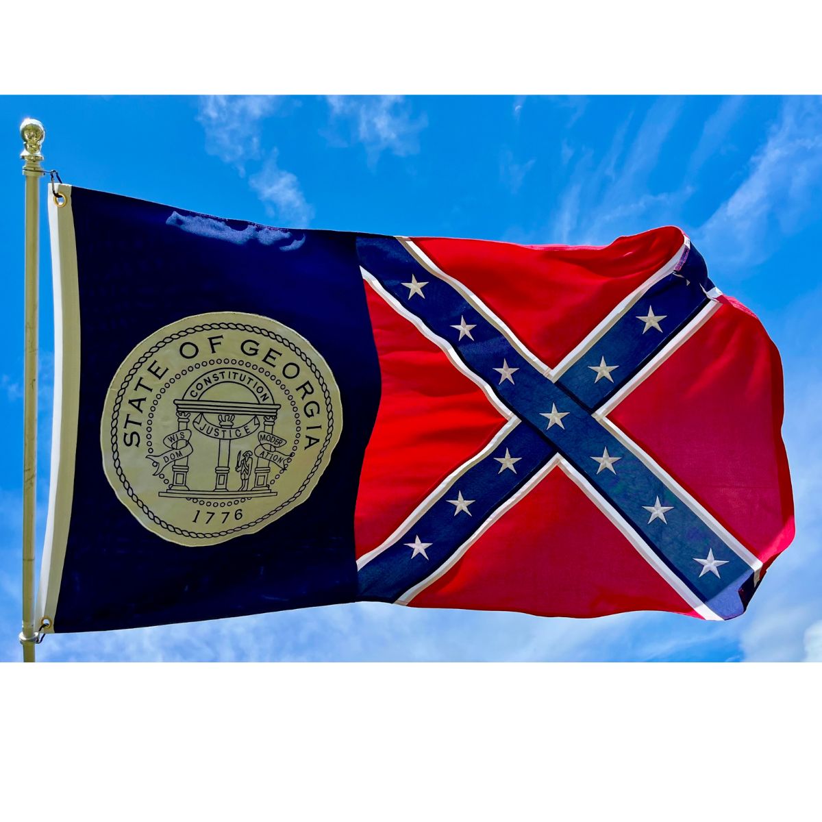 Confederate flag design featuring the Georgia state emblem, ideal for collectors and enthusiasts. This flag is a cheap and affordable option for those looking to buy online. Discover the best selection at UltimateFlags.com.