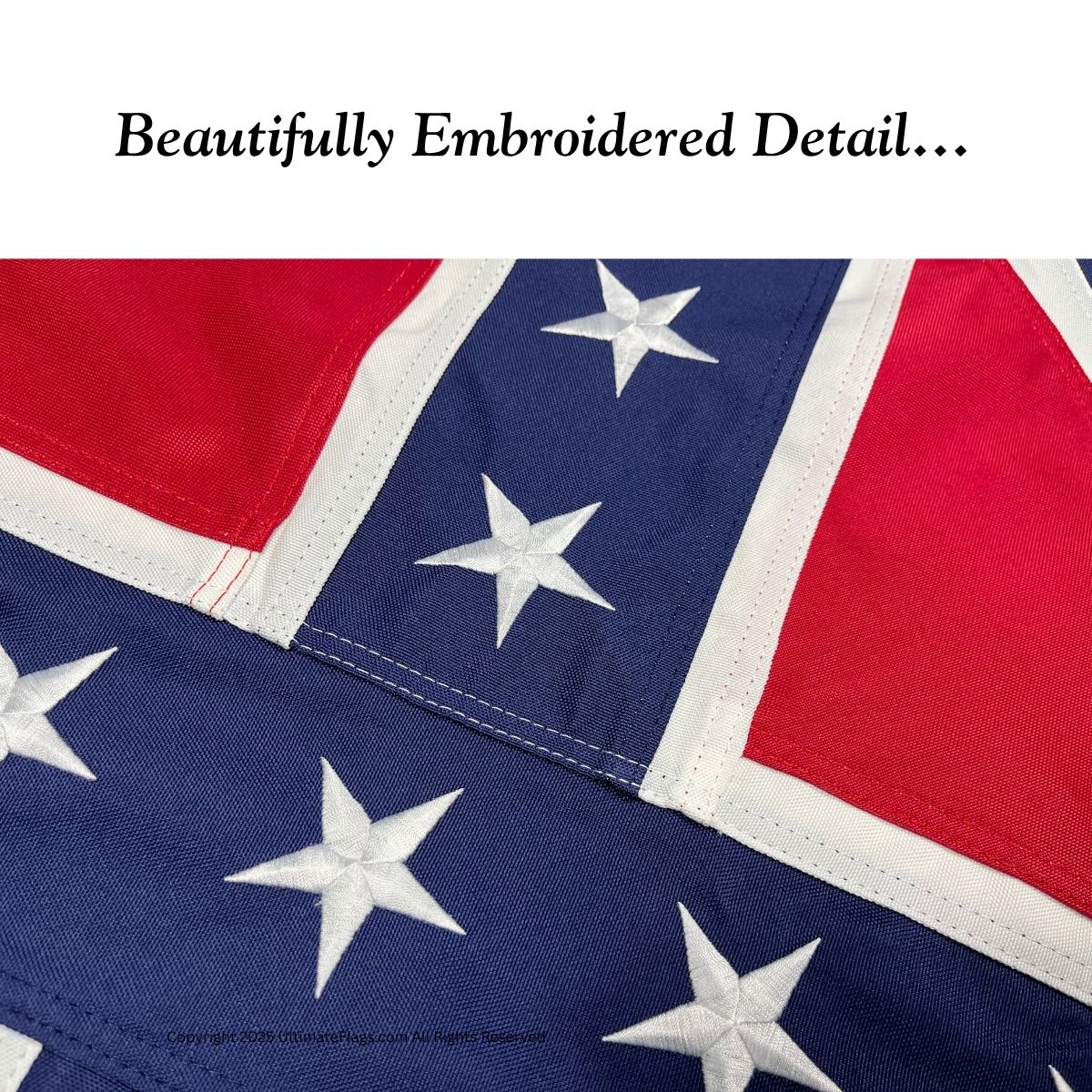 Beautifully embroidered detail showcasing vibrant colors and intricate stitching of a flag. Perfect for those looking for cheap and affordable options to buy online. Discover the best selection at UltimateFlags.com.