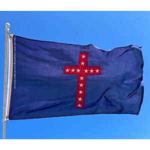 A vibrant blue flag featuring a prominent red cross with stars, perfect for showcasing your support or pride. This affordable flag is a great choice for those looking to buy online at the best prices. Visit UltimateFlags.com for more options.
