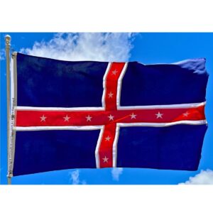 Icelandic flag waving against a clear blue sky, perfect for those seeking a cheap and affordable way to showcase national pride. Buy online for the best selection at UltimateFlags.com.