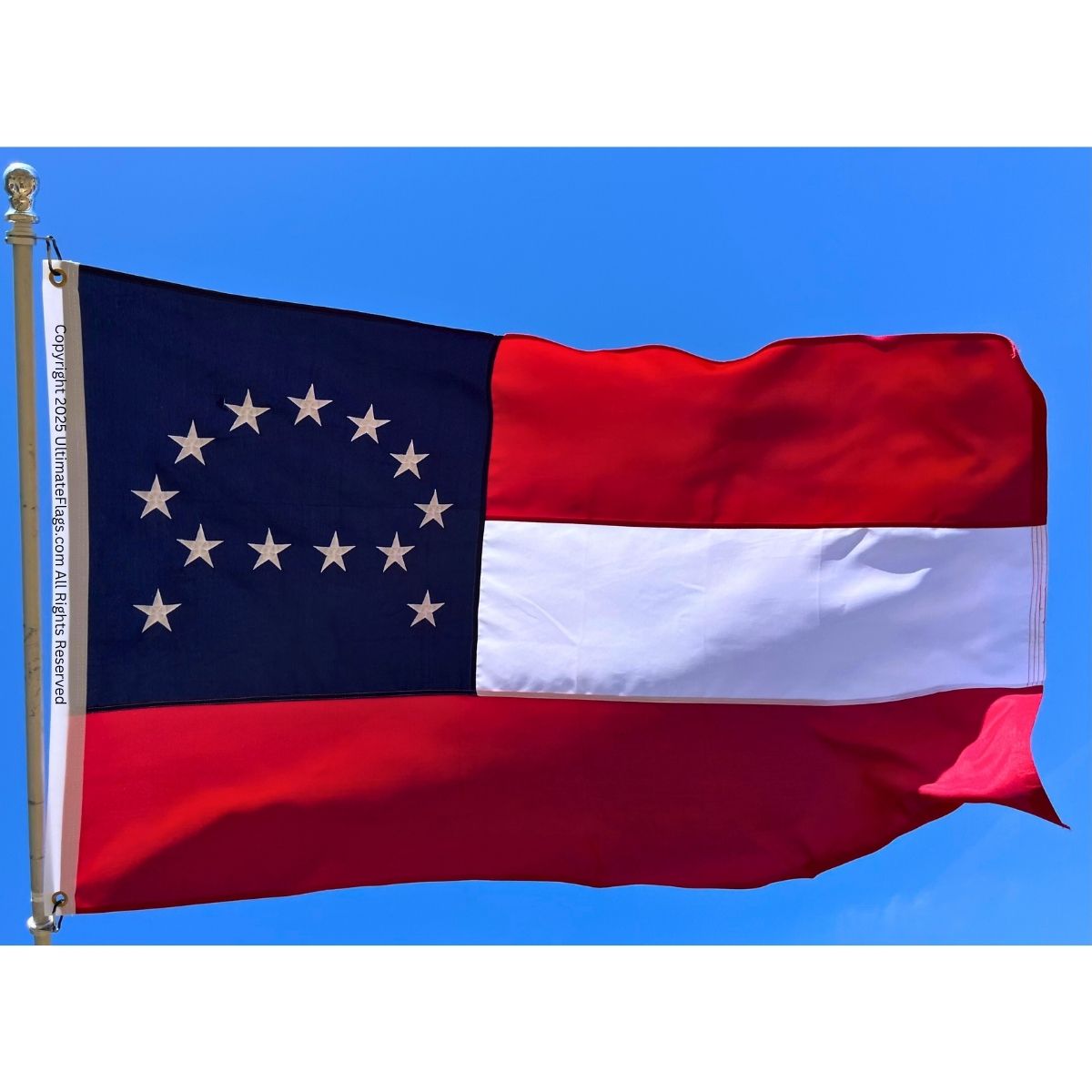 This image features the Georgia State Flag, which combines elements of the American flag with a distinctive blue and red design. Perfect for patriotic displays, this flag is a cheap and affordable choice for anyone looking to buy online. For the best selection of flags, visit UltimateFlags.com.