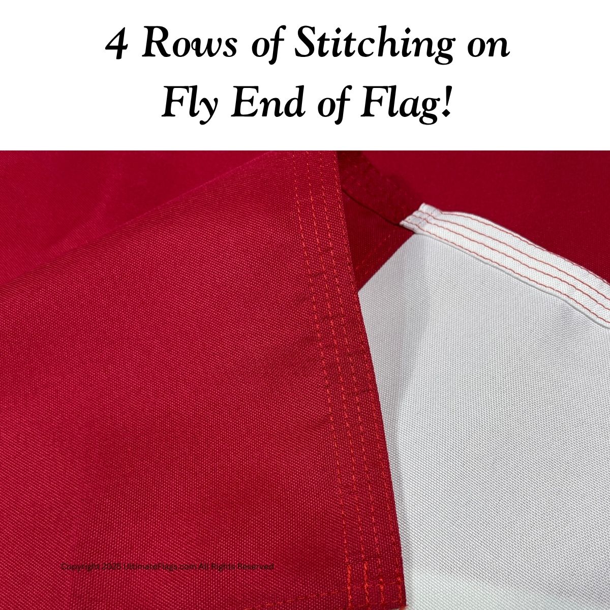 Close-up image showcasing the four rows of stitching on the fly end of a durable flag, emphasizing quality and craftsmanship. Perfect for those seeking cheap, affordable flags that don’t compromise on durability. Buy online for the best selection at UltimateFlags.com.