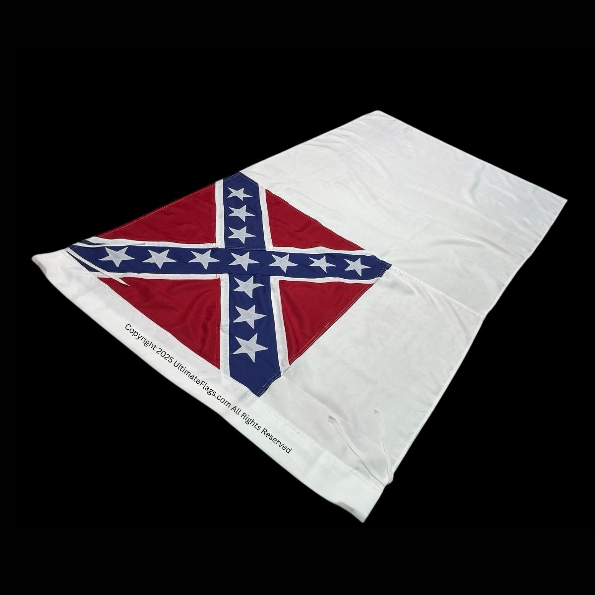 Confederate flag displayed on a black background, showcasing vibrant colors and detailed design. Find the best and affordable options to buy online at UltimateFlags.com.