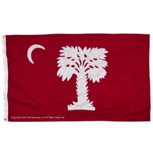 South Carolina state flag featuring a white palmetto tree and crescent on a red background, perfect for showcasing your state pride. This affordable flag is one of the best options to buy online for home decoration or events. Explore more at UltimateFlags.com.