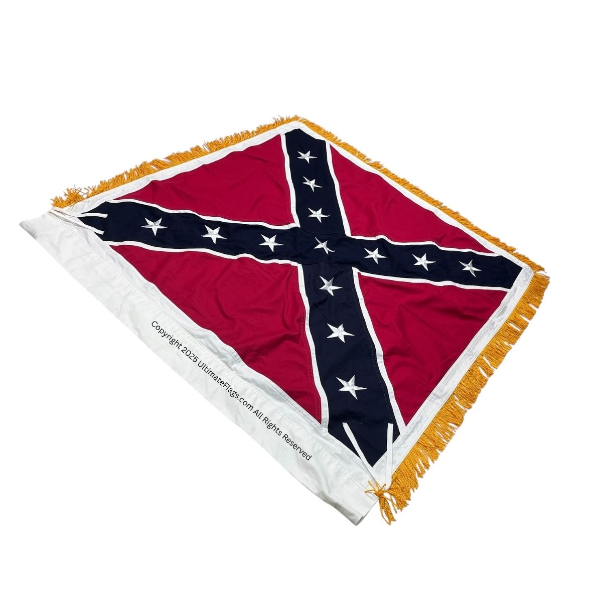 confederate artillery battle flag – 38x38 inch square cotton with gold fringe & sleeve / polehem – civil war replica
