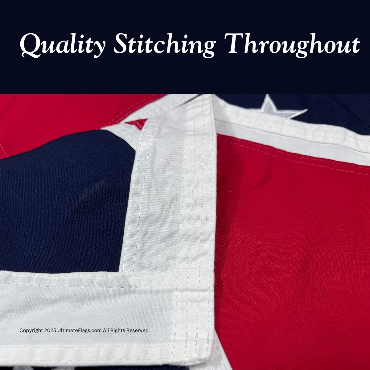 This image showcases the quality stitching throughout a flag, emphasizing durability and craftsmanship. For cheap and affordable flags with the best quality, buy online at UltimateFlags.com.