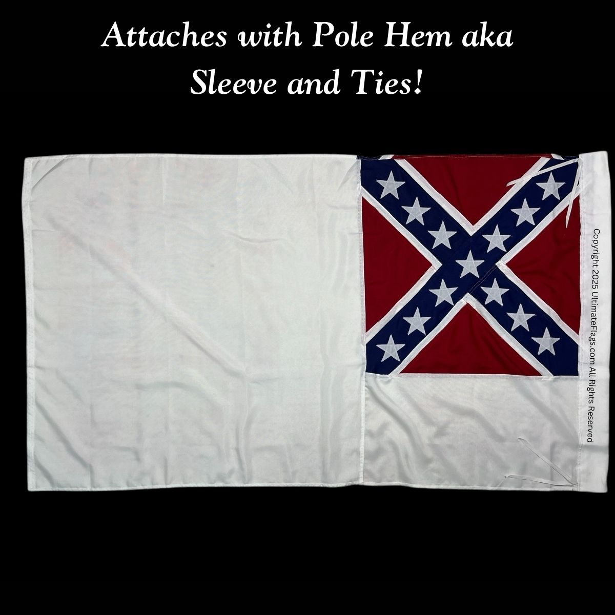 Confederate flag design featuring a pole hem for easy attachment, perfect for outdoor or decorative use. This affordable flag is a great option for those looking to buy online at the best prices. Visit UltimateFlags.com for more details.