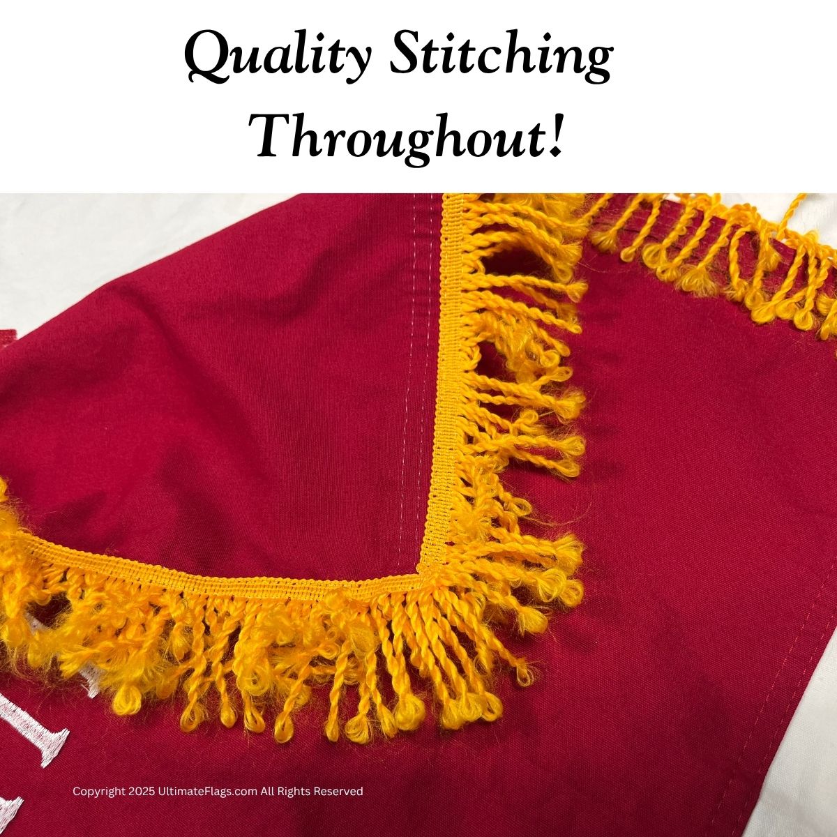 Quality stitching showcased on an affordable flag with vibrant colors and decorative fringe, perfect for those looking to buy online. Discover the best deals on high-quality flags at UltimateFlags.com.