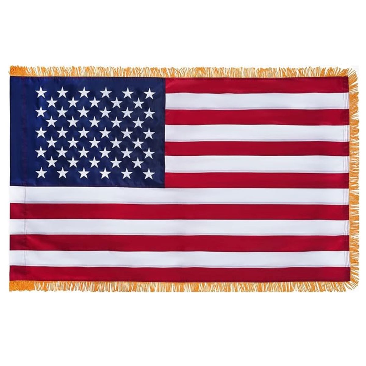 American flag with a fringe border, perfect for patriotic displays and events. Buy online for the best quality at affordable prices. Find cheap options at UltimateFlags.com.