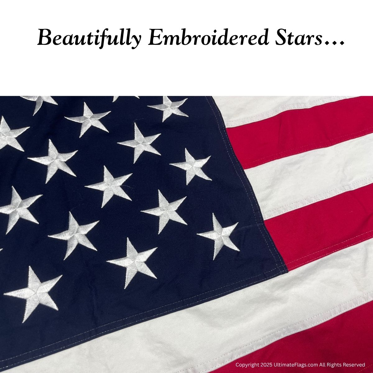Beautifully embroidered stars on a high-quality American flag, perfect for showcasing patriotism. Buy online for the best affordable flags that stand out. Visit UltimateFlags.com for great deals.