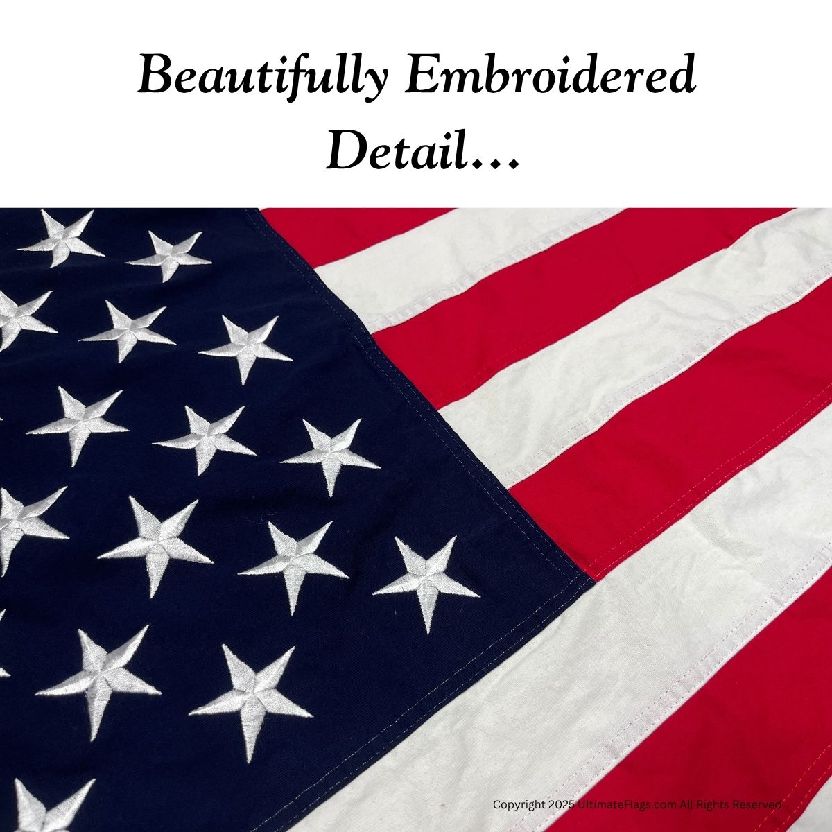 Beautifully embroidered American flag showcasing detailed craftsmanship and vibrant colors, perfect for patriotic displays. Buy online for cheap, affordable options at UltimateFlags.com.