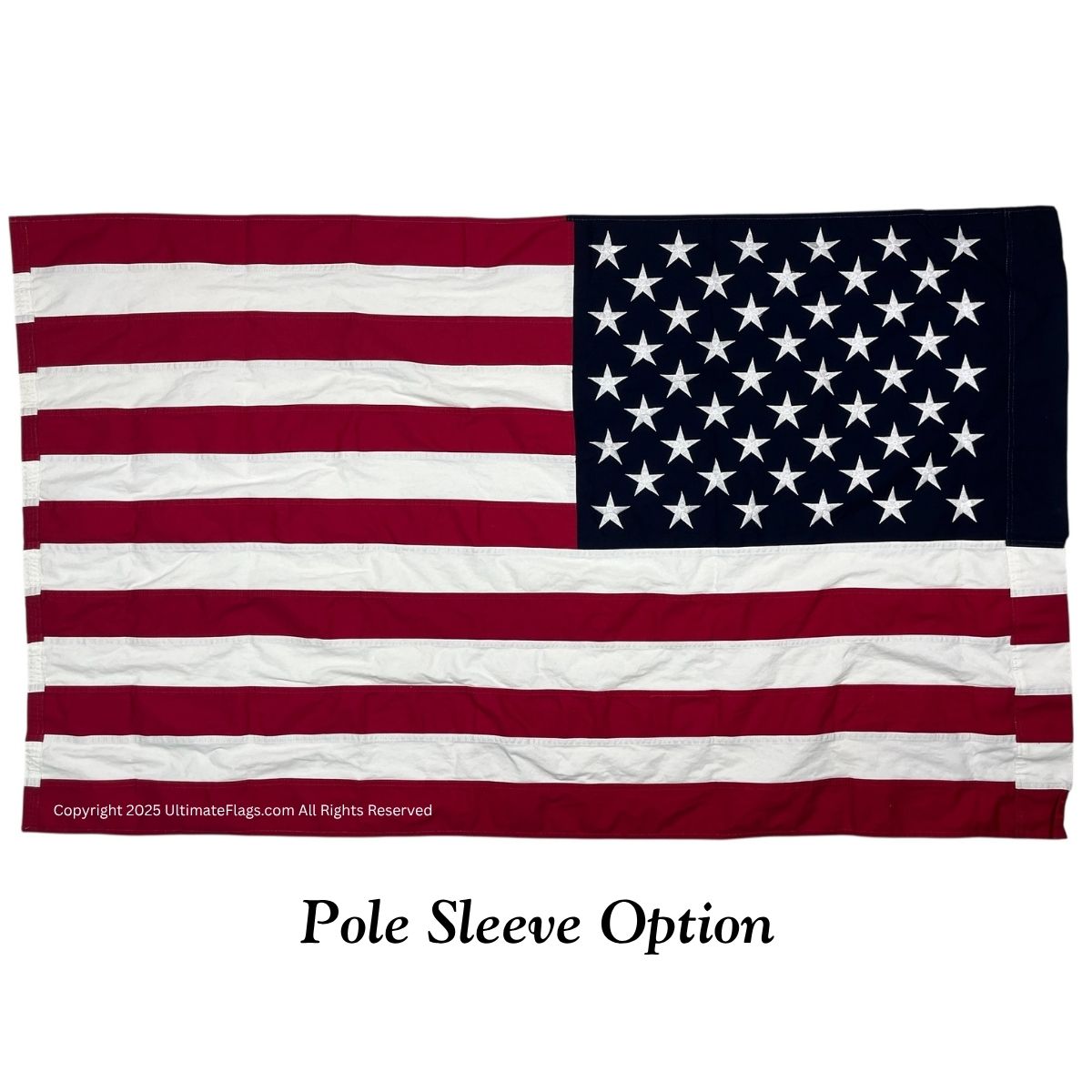 American flag with a pole sleeve option, ideal for displaying outdoors. This flag is a cheap and affordable choice for patriotic decor. The best option to buy online for those looking to show their national pride. Available at UltimateFlags.com.