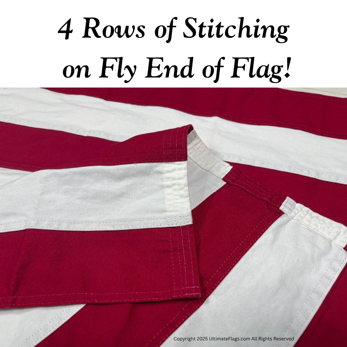 This image showcases the durable construction of a flag, highlighting the four rows of stitching on the fly end, ensuring longevity and quality. Perfect for those looking to buy online at cheap and affordable prices, this flag is among the best options available. Find your ideal flag today at UltimateFlags.com.