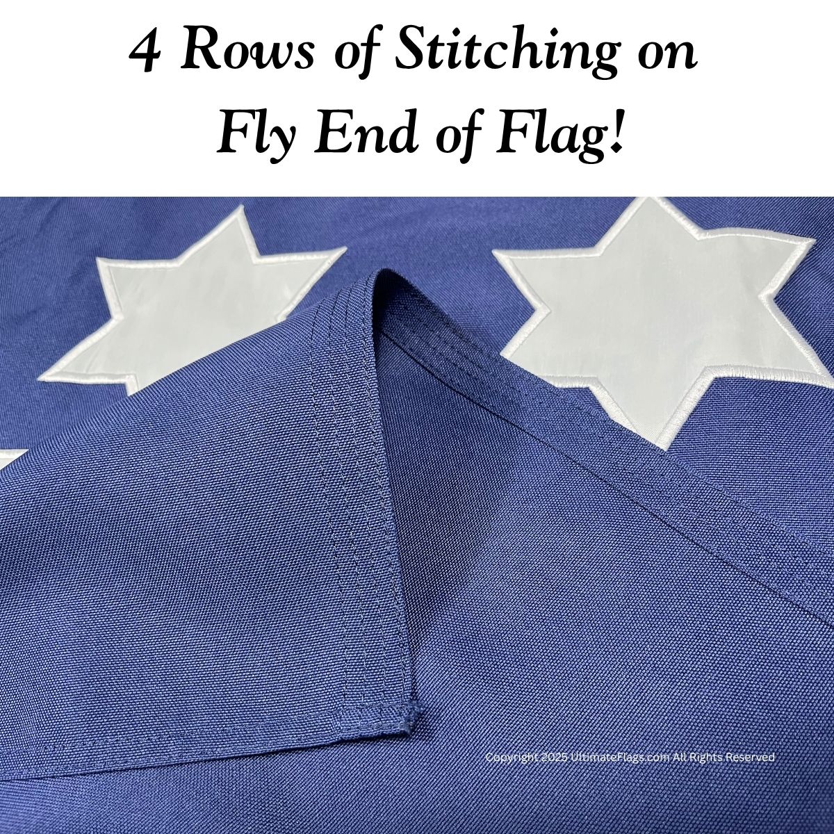 Detailed image showcasing the fly end of a flag with four rows of durable stitching, emphasizing quality and craftsmanship. Ideal for those seeking cheap and affordable flags, this product is among the best options available to buy online. Visit UltimateFlags.com for more information.