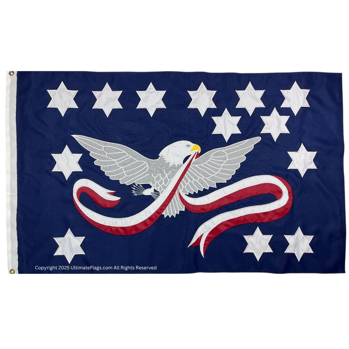 Eagle flag design featuring a majestic eagle with ribbons and stars, perfect for patriotic displays. This flag is a cheap and affordable option for those looking to buy online. Explore the best selection at UltimateFlags.com.