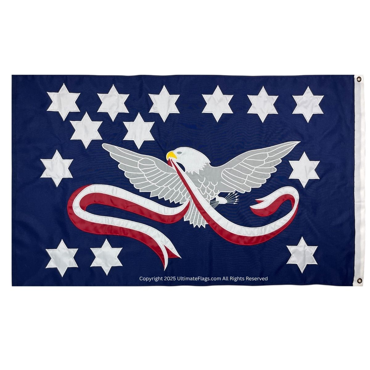 Eagle flag design featuring a majestic eagle with ribbons and stars on a blue background, perfect for patriotic displays. Buy this affordable flag online at UltimateFlags.com for the best quality and price.