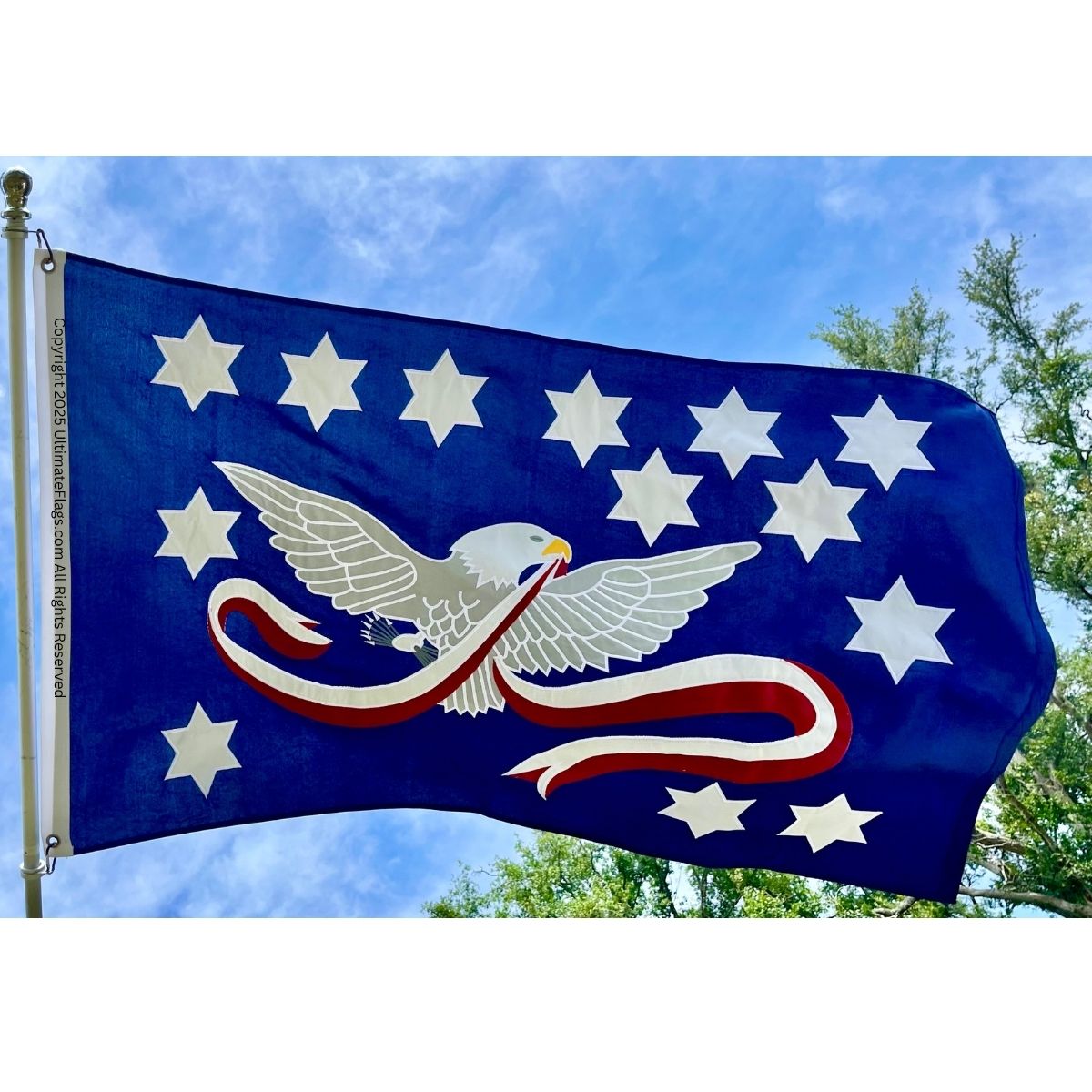 A vibrant blue flag featuring an eagle and stars, perfect for patriotic displays. This affordable and high-quality flag is among the best options to buy online. Find it at UltimateFlags.com.