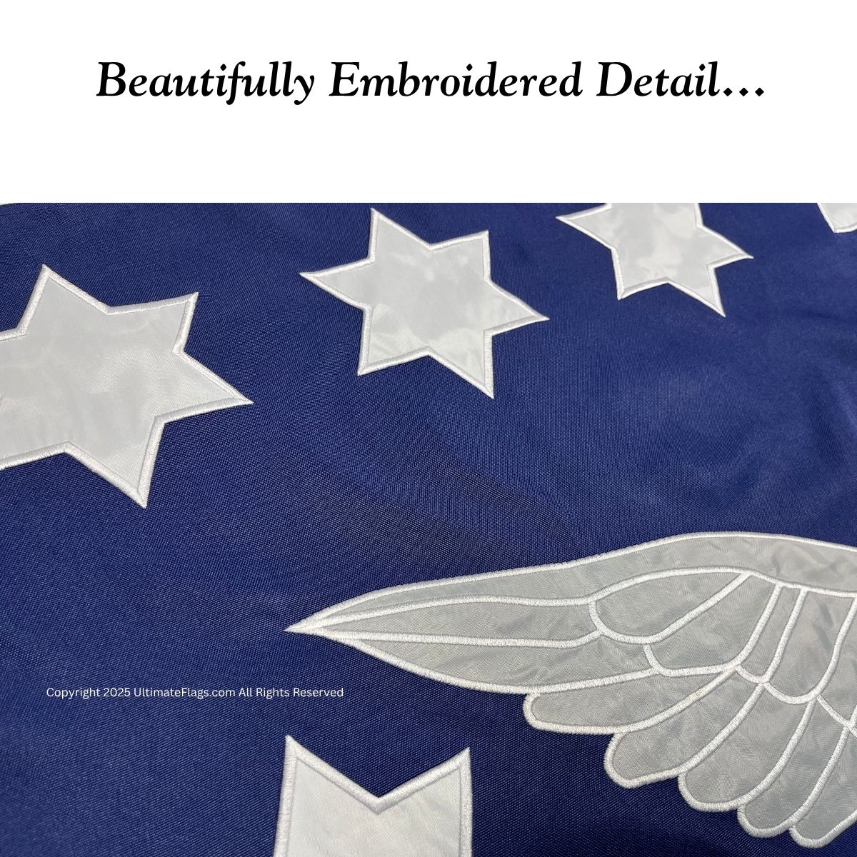 This image showcases the beautifully embroidered detail of a flag featuring stars and wings, perfect for those seeking cheap and affordable options. Buy online to find the best selection at UltimateFlags.com.