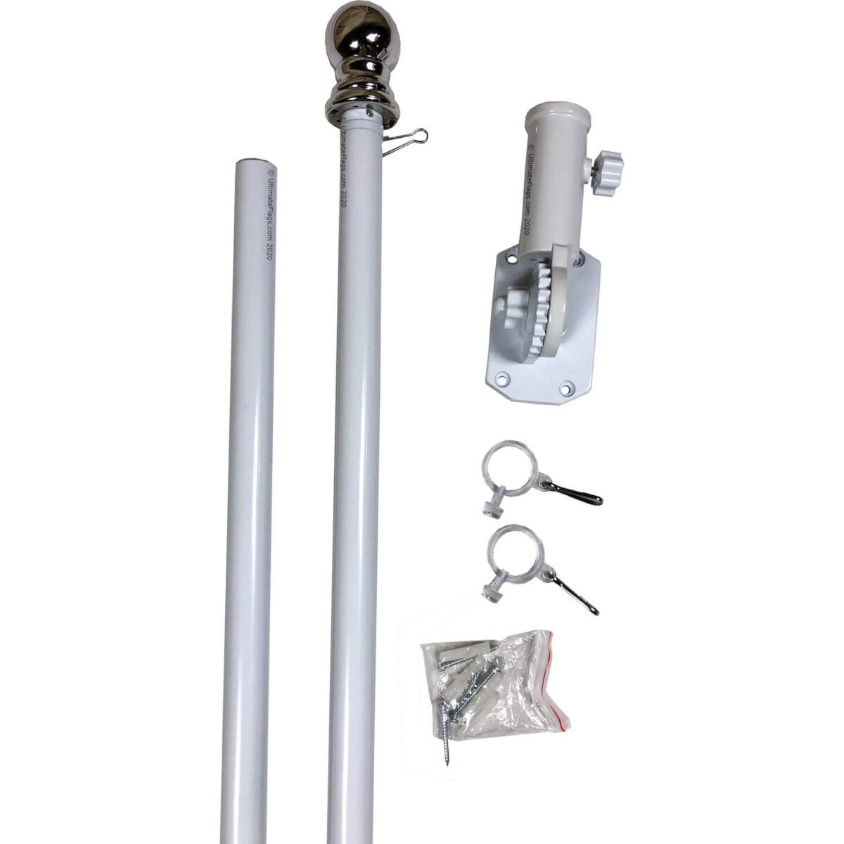 Durable flagpole kit featuring a chrome ball top, two sturdy white poles, and a convenient mounting bracket with hardware. Perfect for displaying your favorite flags at home or events, this affordable option ensures you get the best quality for your money. Buy online at UltimateFlags.com.