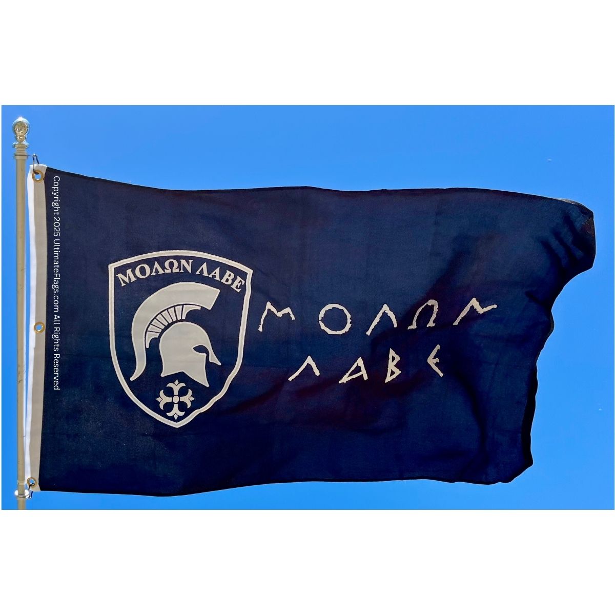 This image features a high-quality "Molon Labe" flag with a Spartan helmet design, perfect for displaying pride and strength. Ideal for those seeking cheap and affordable flags, this design is one of the best options to buy online. Explore more at UltimateFlags.com.