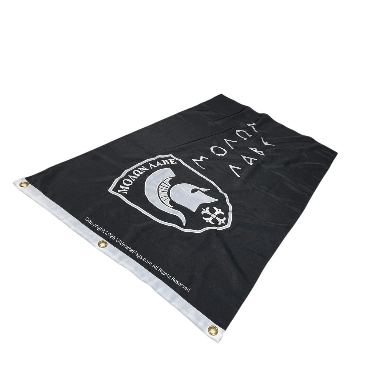 Black flag featuring a Spartan logo, perfect for showing team spirit or decorating your space. This high-quality flag is affordable and a great option for those looking to buy online. Discover the best deals on flags at UltimateFlags.com.