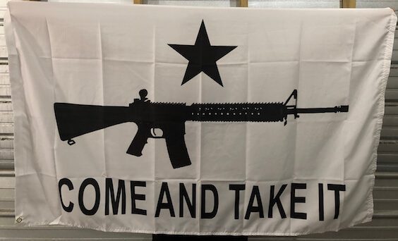 Black and white flag featuring the phrase "Come and Take It" alongside a silhouette of a rifle and a star, perfect for those seeking affordable and eye-catching decor. This flag is a best-seller for anyone looking to buy online at a cheap price. Visit UltimateFlags.com for more options.