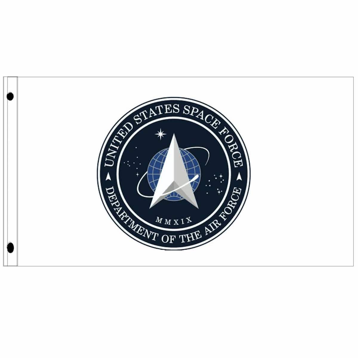 United States Space Force flag featuring the official emblem with a globe and star design. This affordable flag is perfect for enthusiasts looking to buy online. Discover the best deals at UltimateFlags.com.