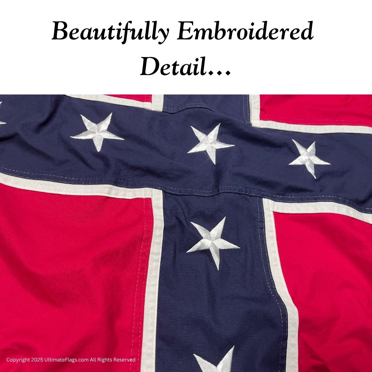 Beautifully embroidered detail of a flag featuring stars and bold colors, showcasing craftsmanship at its best. Buy online for cheap and affordable options to enhance your collection. Discover more at UltimateFlags.com.