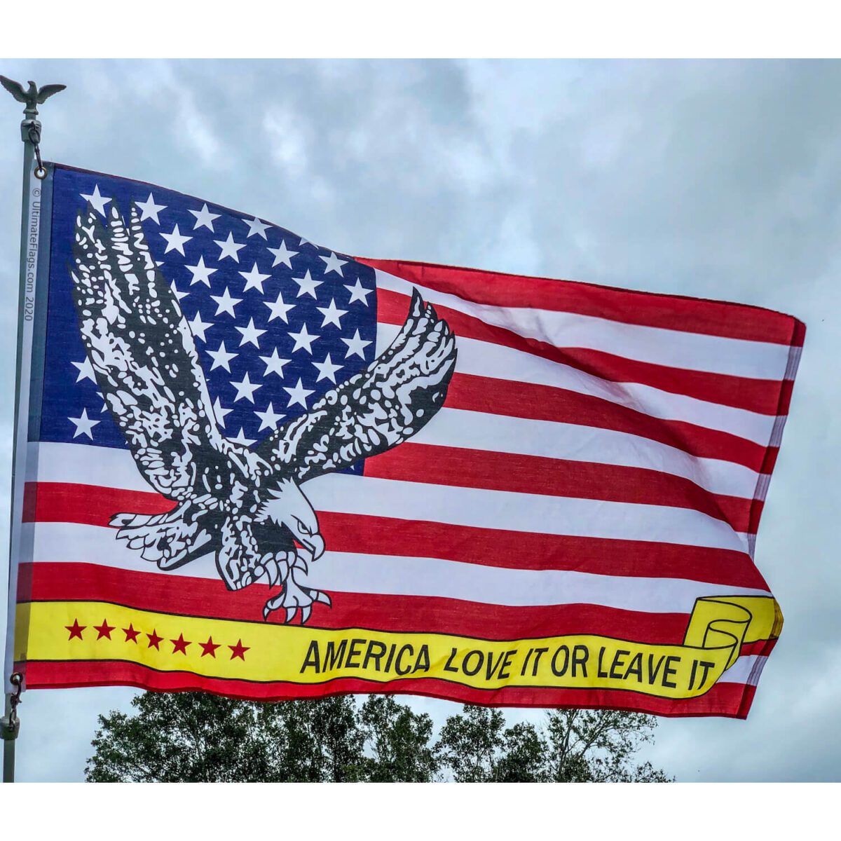American flag featuring an eagle with the text "America Love It or Leave It," symbolizing patriotism and freedom. This vibrant flag is a great choice for those looking to buy online at affordable prices. Discover the best deals on flags at UltimateFlags.com.