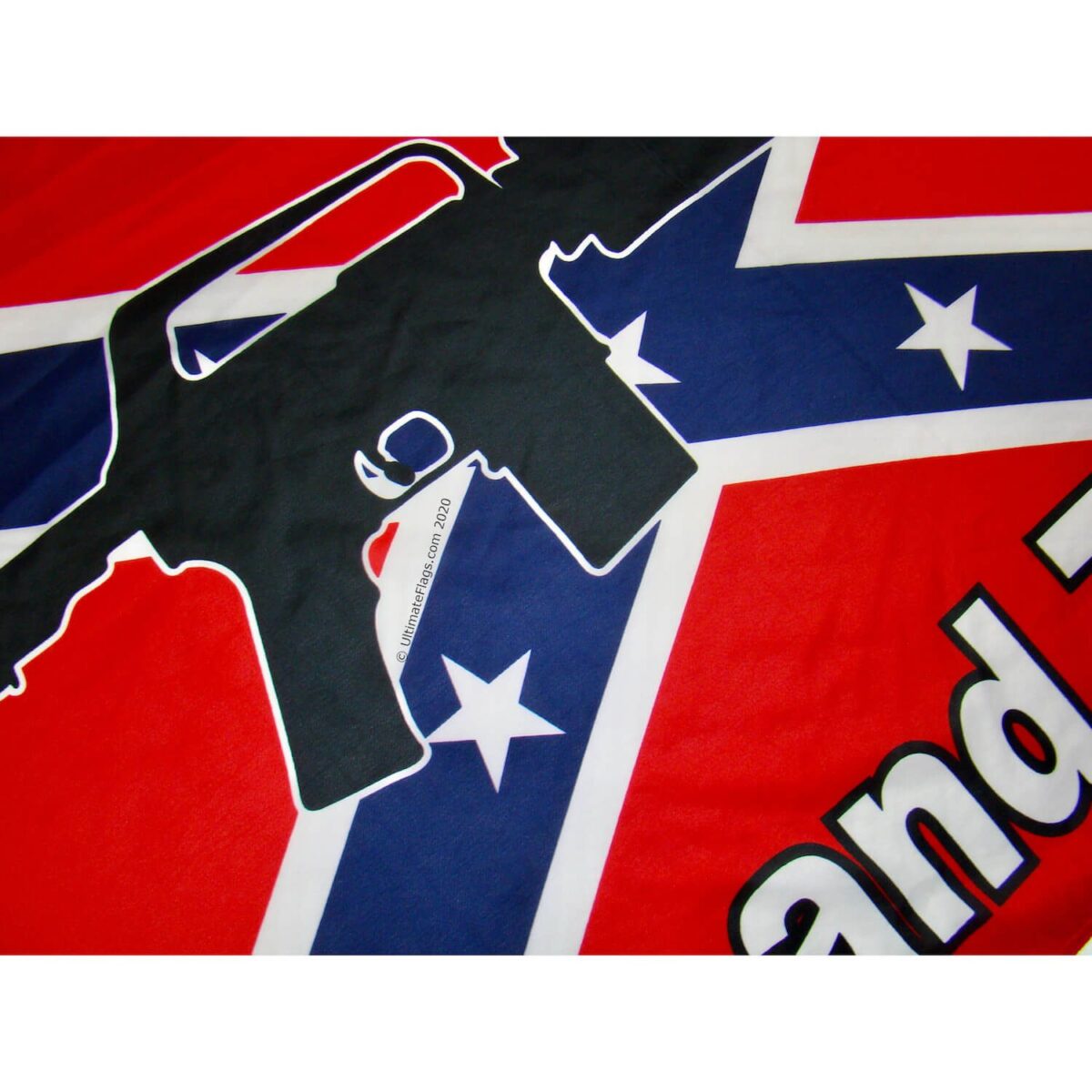 Confederate flag design featuring a silhouette of an assault rifle, perfect for those looking to buy online affordable flags. Get the best deals on unique designs at UltimateFlags.com.