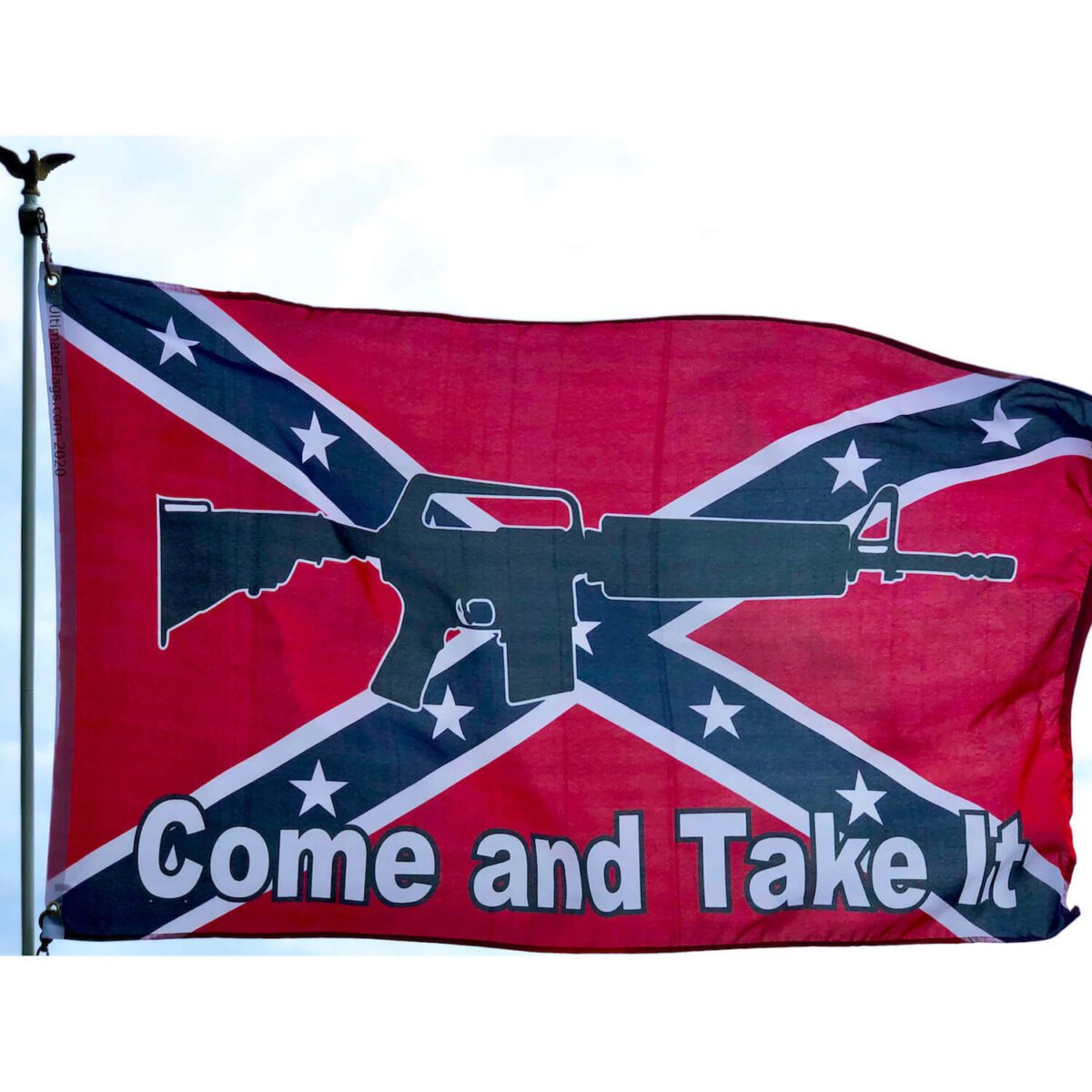 Confederate flag featuring the phrase "Come and Take It" along with a silhouette of a rifle. This affordable and eye-catching flag is perfect for expressing your beliefs. Buy online at UltimateFlags.com for the best deals on flags.