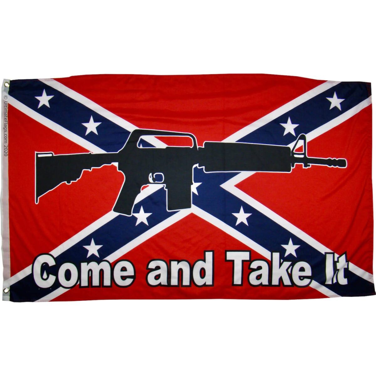 Confederate flag featuring the phrase "Come and Take It" and an image of a rifle, perfect for collectors and enthusiasts seeking affordable options. Buy online for the best deals at UltimateFlags.com.