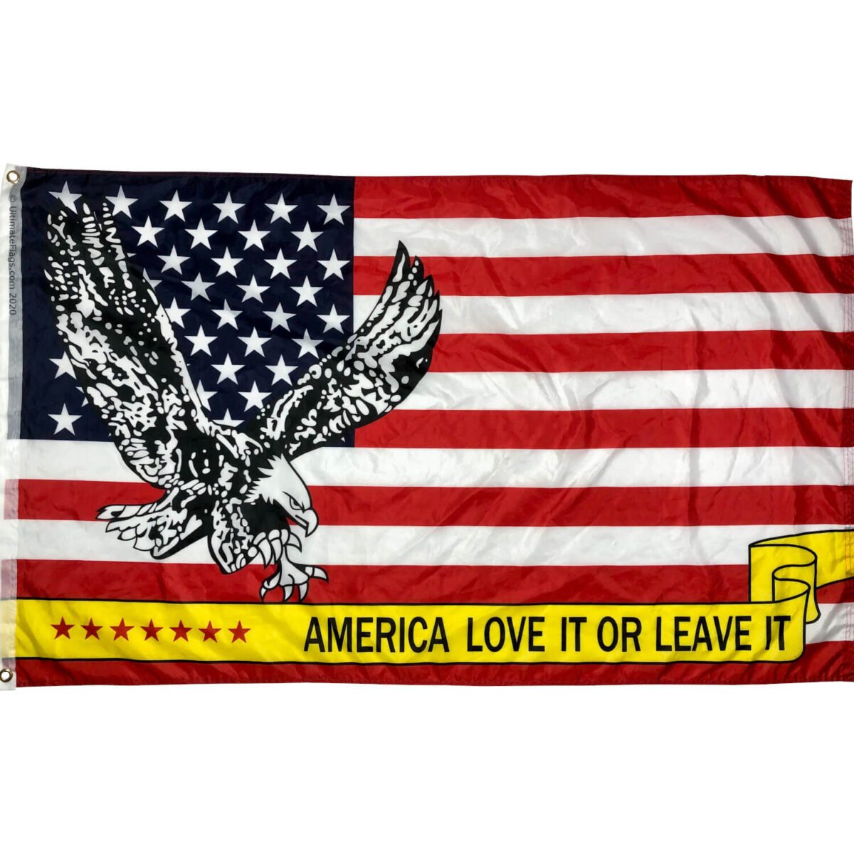 Image of a patriotic American flag featuring a bold eagle design and the phrase "America Love It or Leave It." This flag is a great choice for those looking to buy online at affordable prices. Discover the best options for cheap flags at UltimateFlags.com.