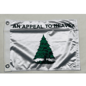 Flag featuring the phrase "An Appeal to Heaven" along with a green tree design, perfect for patriotic displays or home decoration. Buy this affordable and high-quality flag online for the best price at UltimateFlags.com.