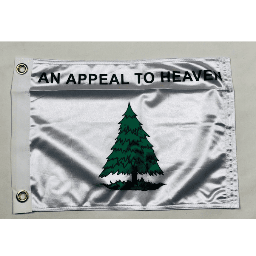 Flag featuring the phrase "An Appeal to Heaven" along with a green tree design, perfect for patriotic displays or home decoration. Buy this affordable and high-quality flag online for the best price at UltimateFlags.com.