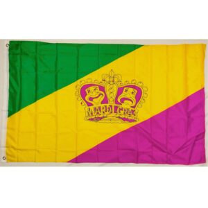 Vibrant Mardi Gras flag featuring green, yellow, and purple colors with a crown and jester design, perfect for celebrations. Buy this affordable and stylish flag online at UltimateFlags.com for the best deals.