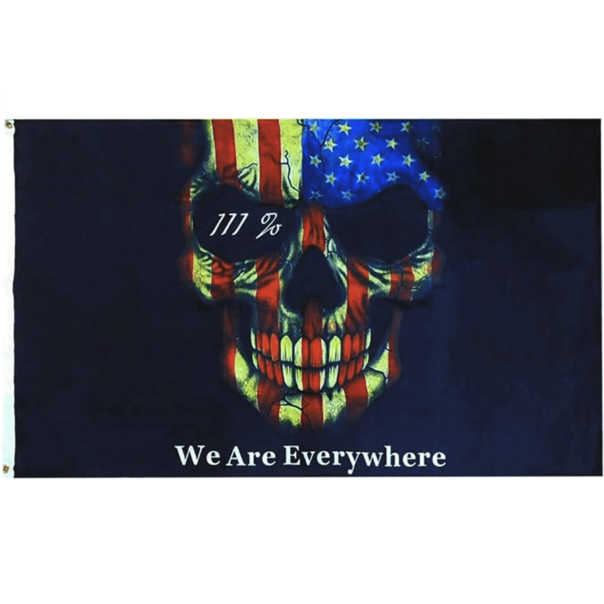 Skull flag featuring American flag design with the text "We Are Everywhere" and "111%". This eye-catching and unique flag is perfect for those looking to buy online at cheap and affordable prices. Discover the best options for flag enthusiasts at UltimateFlags.com.