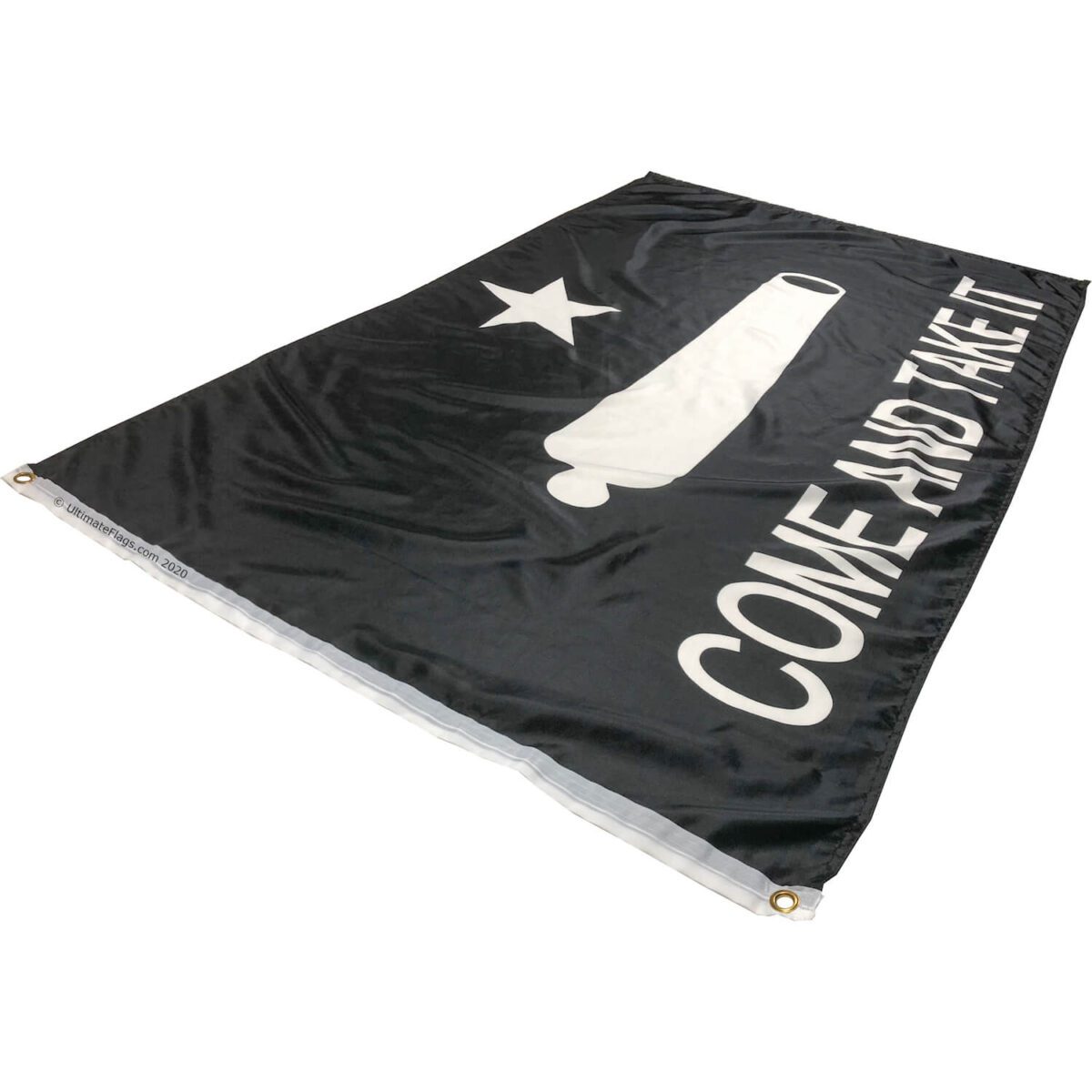 Black flag featuring the text "Come and Take It" along with a star and cannon design, perfect for outdoor events or home decor. This affordable and eye-catching flag is one of the best choices for those looking to buy online. Available at UltimateFlags.com.