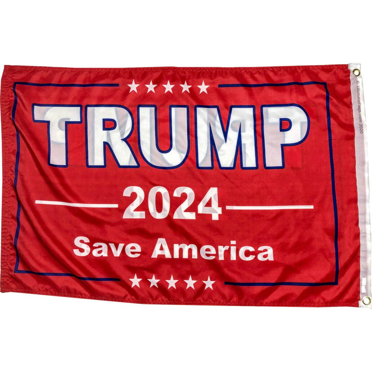 Red Trump 2024 flag with "Save America" slogan, perfect for showing your support in an affordable way. Buy online for the best deals on political flags. Visit UltimateFlags.com for more options.