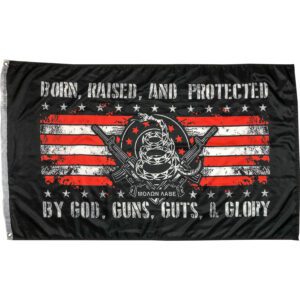 Born, Raised, and Protected by God, Guns, Guts & Glory Flag- American 2A Flags-3×5 ft (Double Sided)